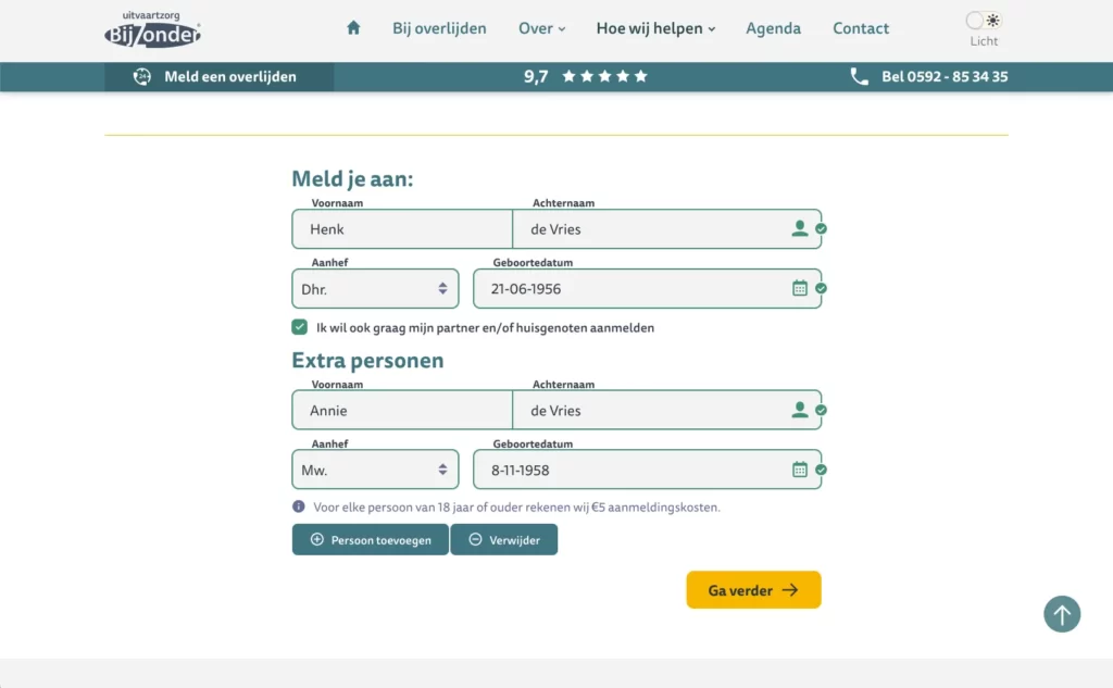 Aanmeldformulier op de website van Uitvaartzorg BijZonder