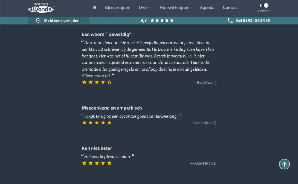 Beoordelingen op de website van Uitvaartzorg BijZonder