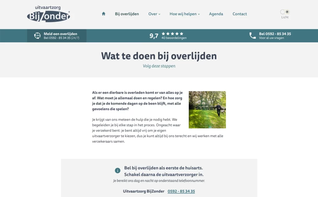 Paginainhoud op de website van Uitvaartzorg BijZonder