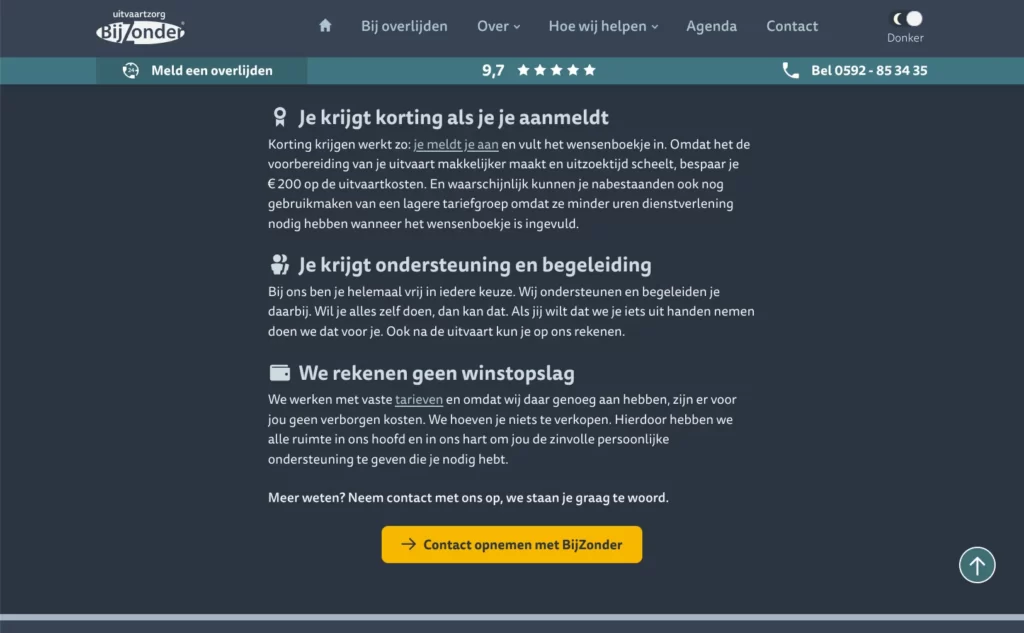 Paginainhoud op de website van Uitvaartzorg BijZonder