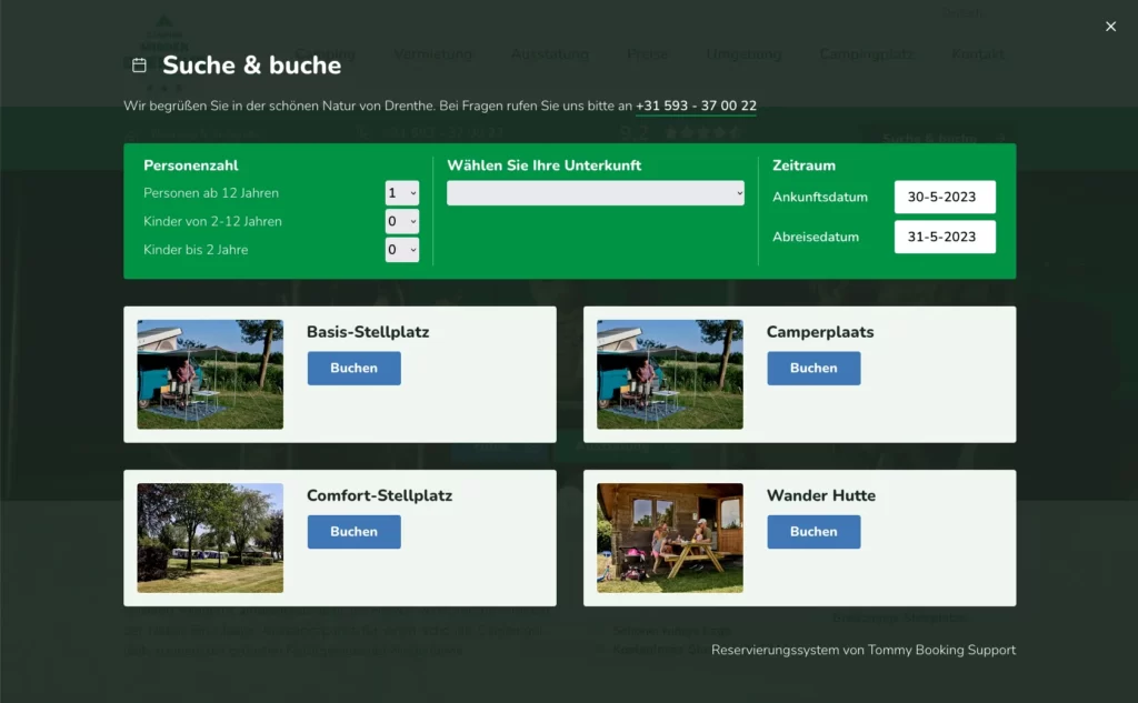 Duitstalige boekingsmodule op de website van Camping Midden Drenthe