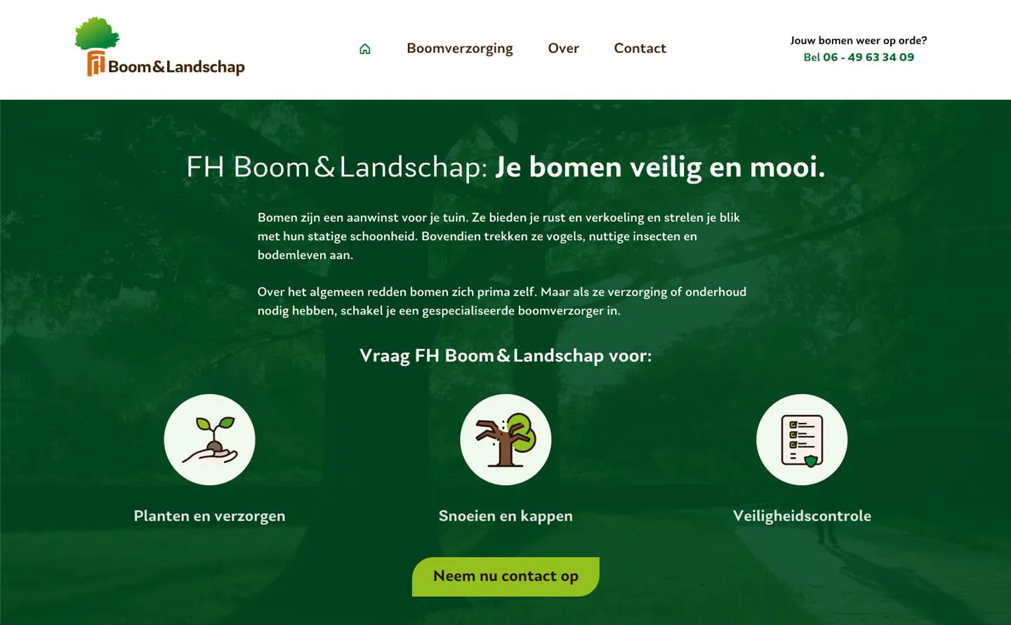 De homepagina van FH Boom&Landschap