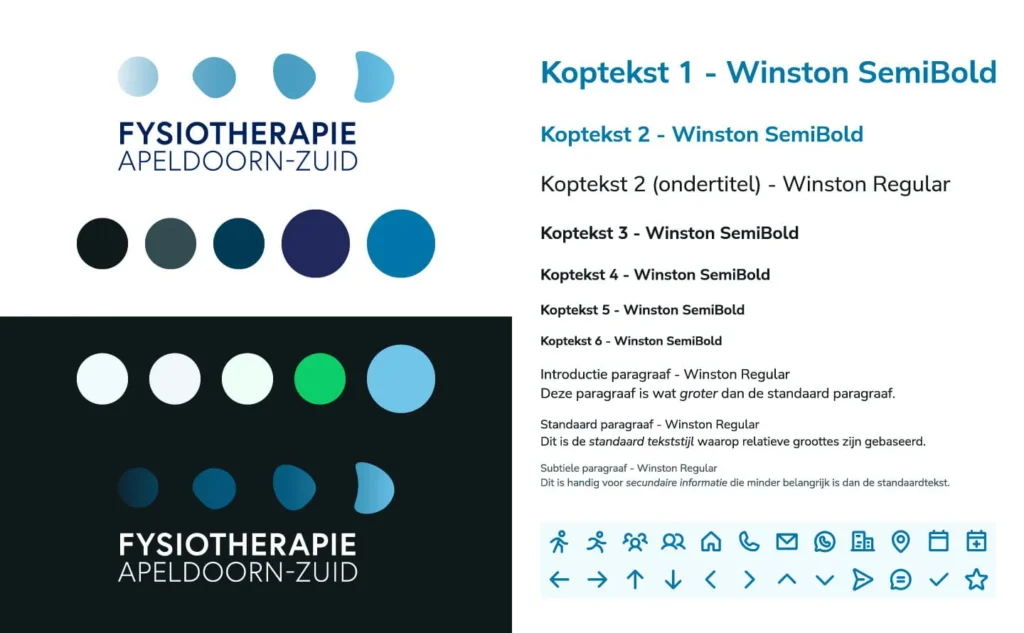 Alle elementen van de huisstijl van Fysiotherapie Apeldoorn-Zuid in één overzicht