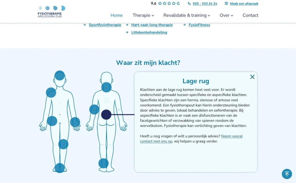'Waar zit mijn klacht' interactief element op de website van Fysiotherapie Apeldoorn-Zuid