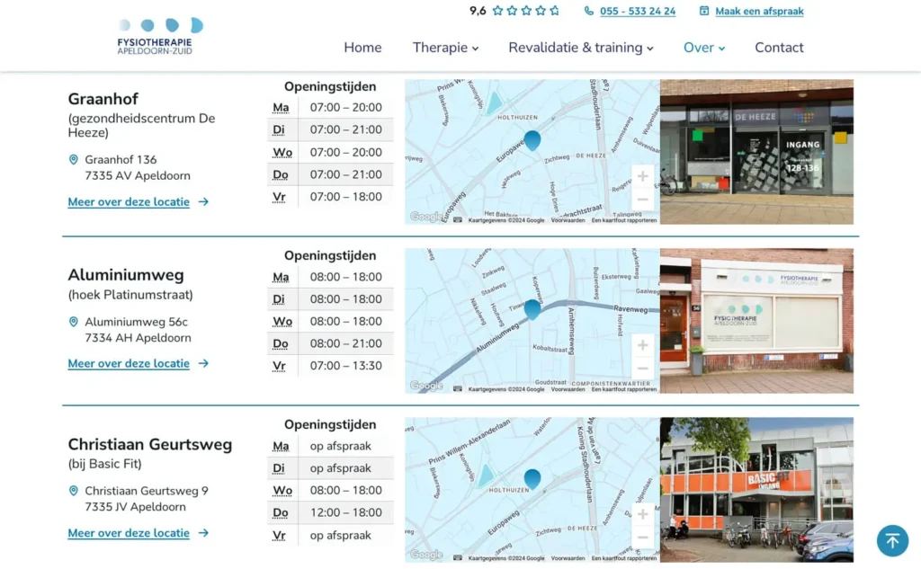 Weergave van locaties op de website van Fysiotherapie Apeldoorn-Zuid