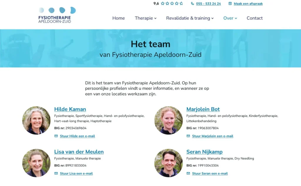 Weergave van therapeuten op de website van Fysiotherapie Apeldoorn-Zuid