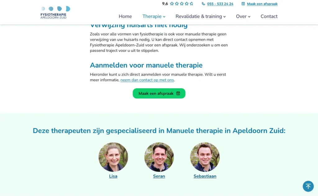 Koppeling met teamleden en specialismen op de website van Fysiotherapie Apeldoorn-Zuid