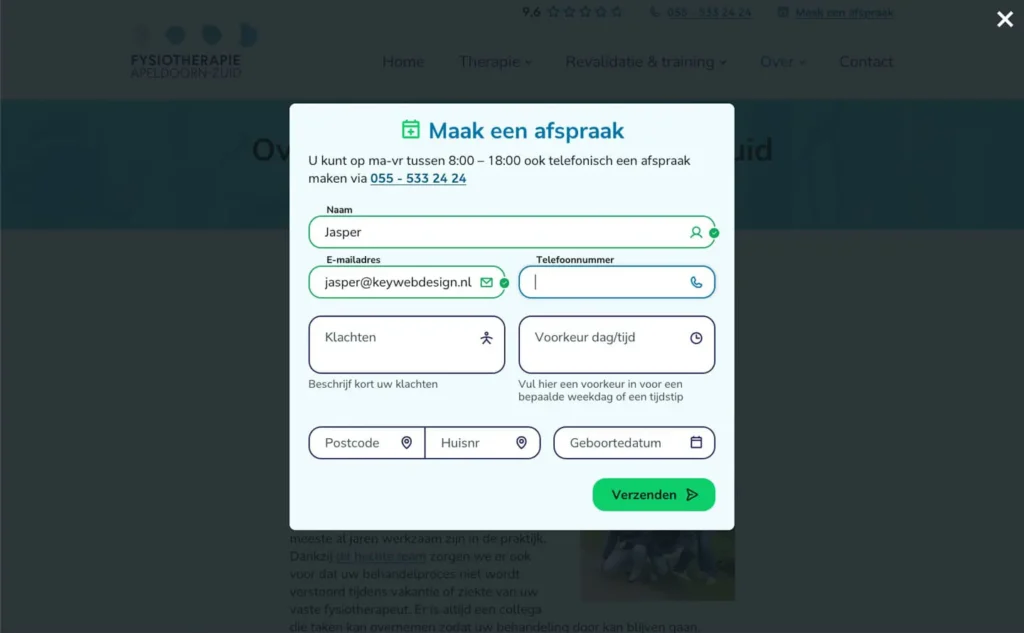 Afspraakformulier op de website van Fysiotherapie Apeldoorn-Zuid