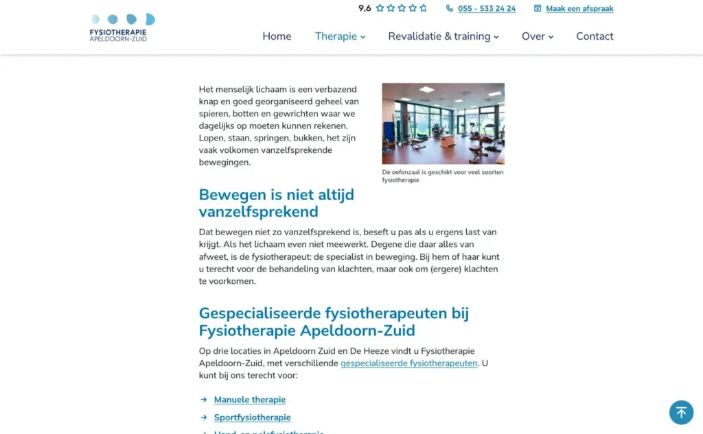 SEO-geoptimaliseerde pagina-inhoud op de website van Fysiotherapie Apeldoorn-Zuid