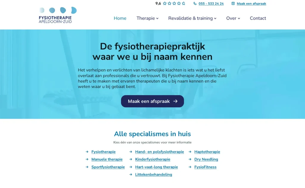 De homepagina van Fysiotherapie Apeldoorn-Zuid