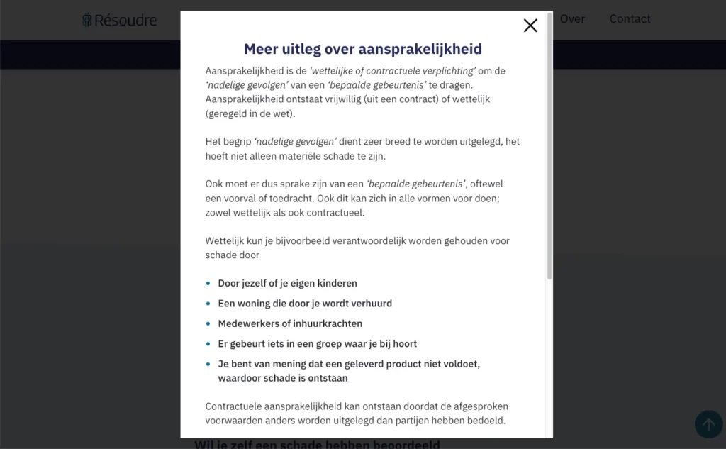 Informatie in een pop-up op de website van Résoudre