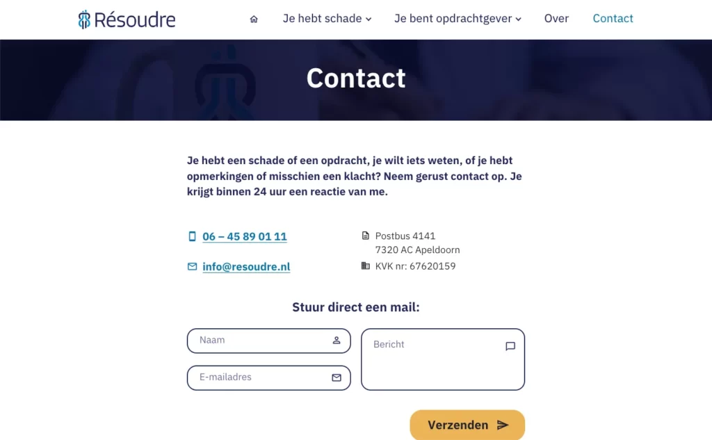Contactpagina op de website van Résoudre