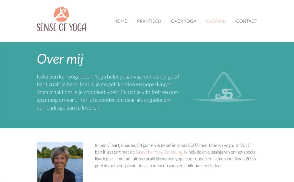 Een pagina op de website van Sense of Yoga