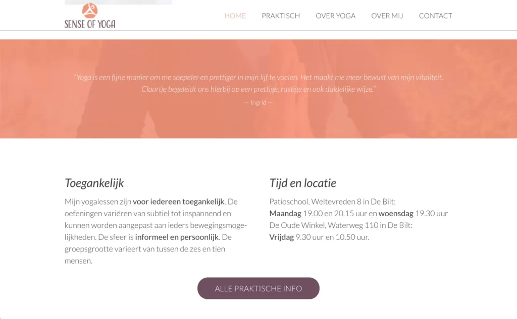 Een testimonial en tekst op de homepagina van Sense of Yoga