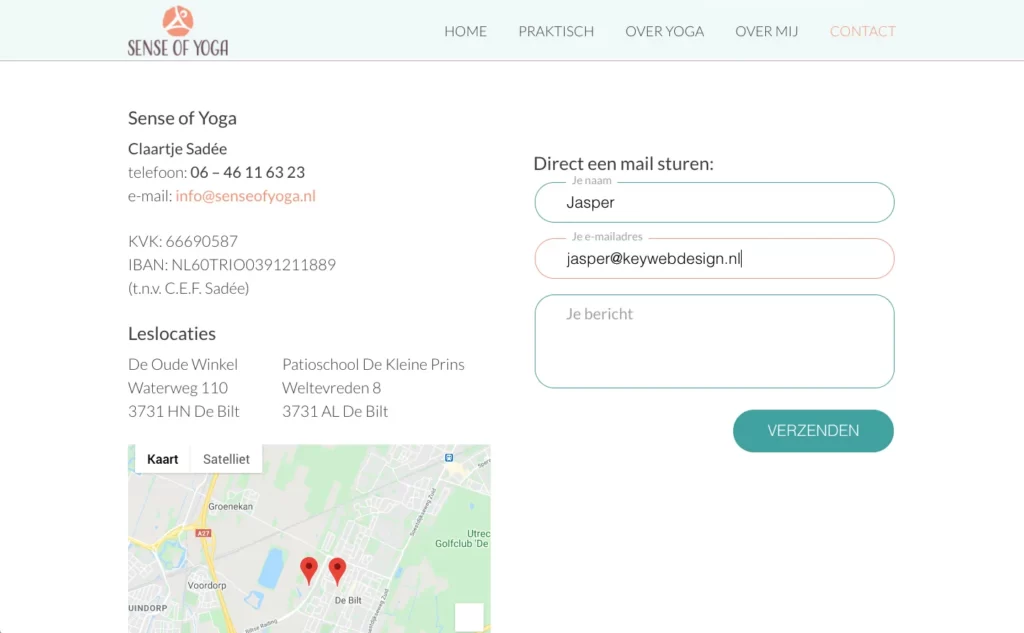 De contactpagina op de website van Sense of Yoga